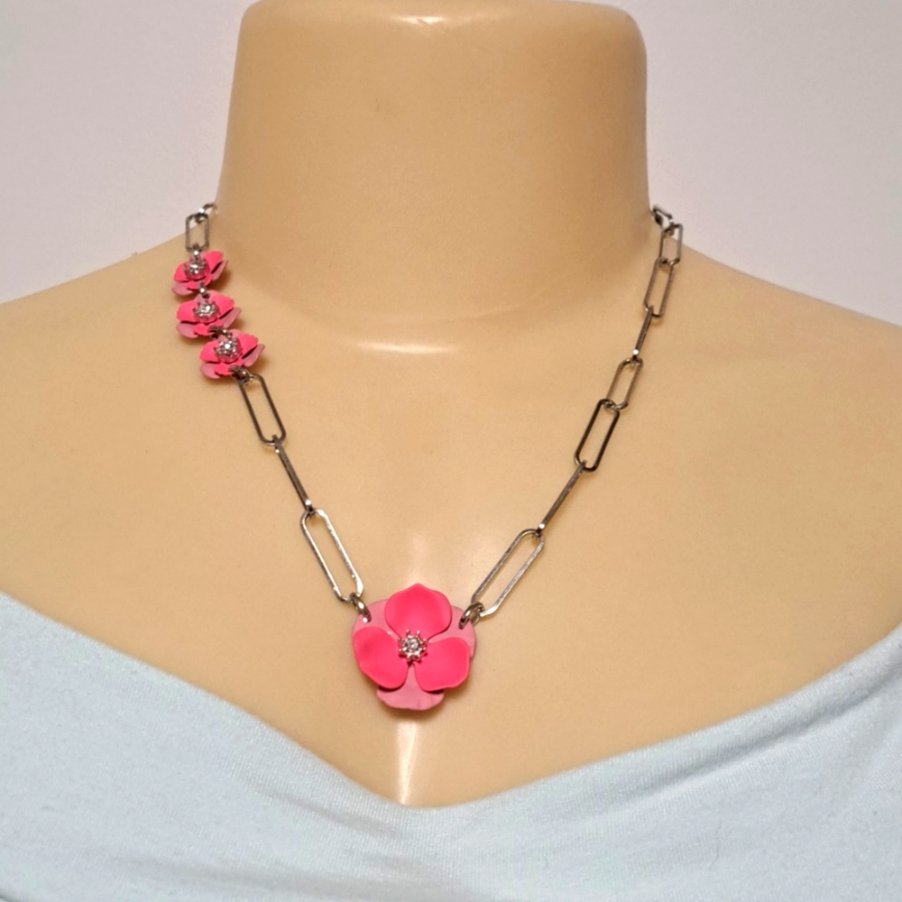Bay Studio Silver Chain Necklace. NEW! Pink Floral with Crystal Gem Accent. JB
